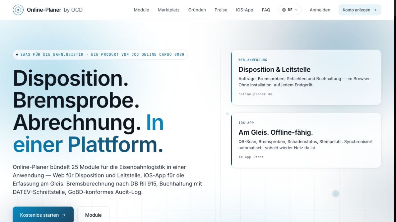 Die öffentliche Website von OnlinePlaner, meiner Web- und App-Entwicklung